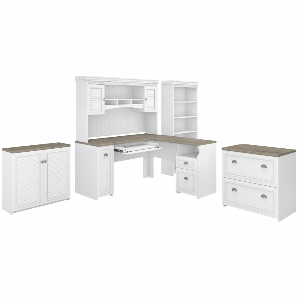 Shop Bush Furniture Fairview 60W L Shaped Desk with Hutch, File Cabinet, Bookcase and Storage, Image 01, FV013G2W, #color_shiplap gray/pure white