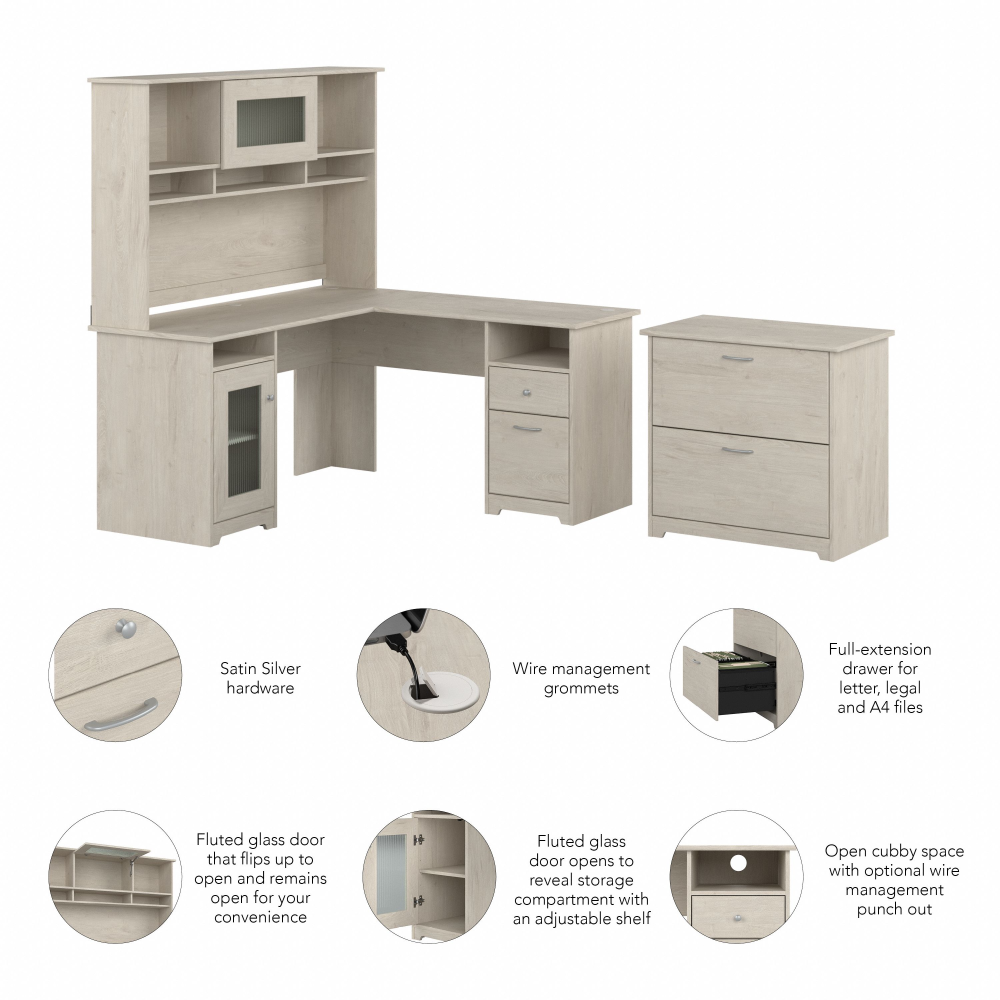 Shop Bush Furniture Cabot 60W L Shaped Computer Desk with Hutch and Lateral File Cabinet, Image 06, CAB005LW, #color_linen white oak