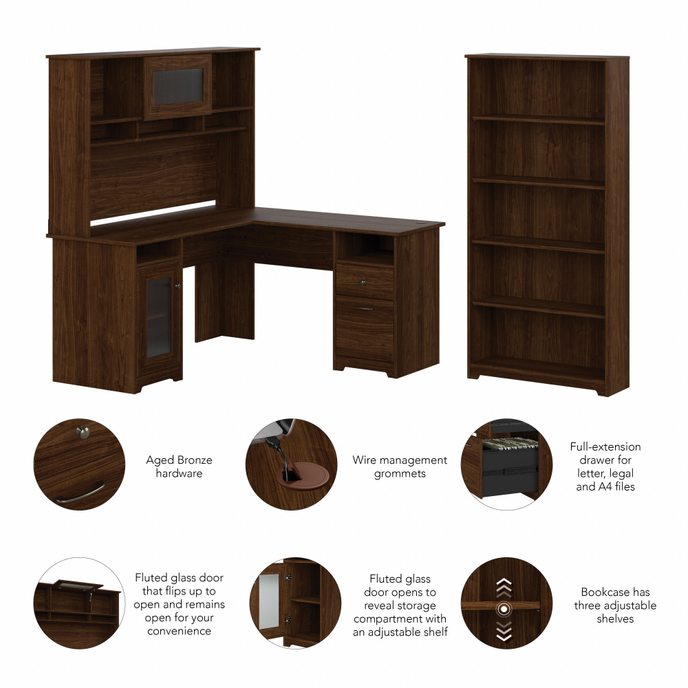 Shop Bush Furniture Cabot 60W L Shaped Computer Desk with Hutch and 5 Shelf Bookcase, Image 06, CAB011MW, #color_modern walnut