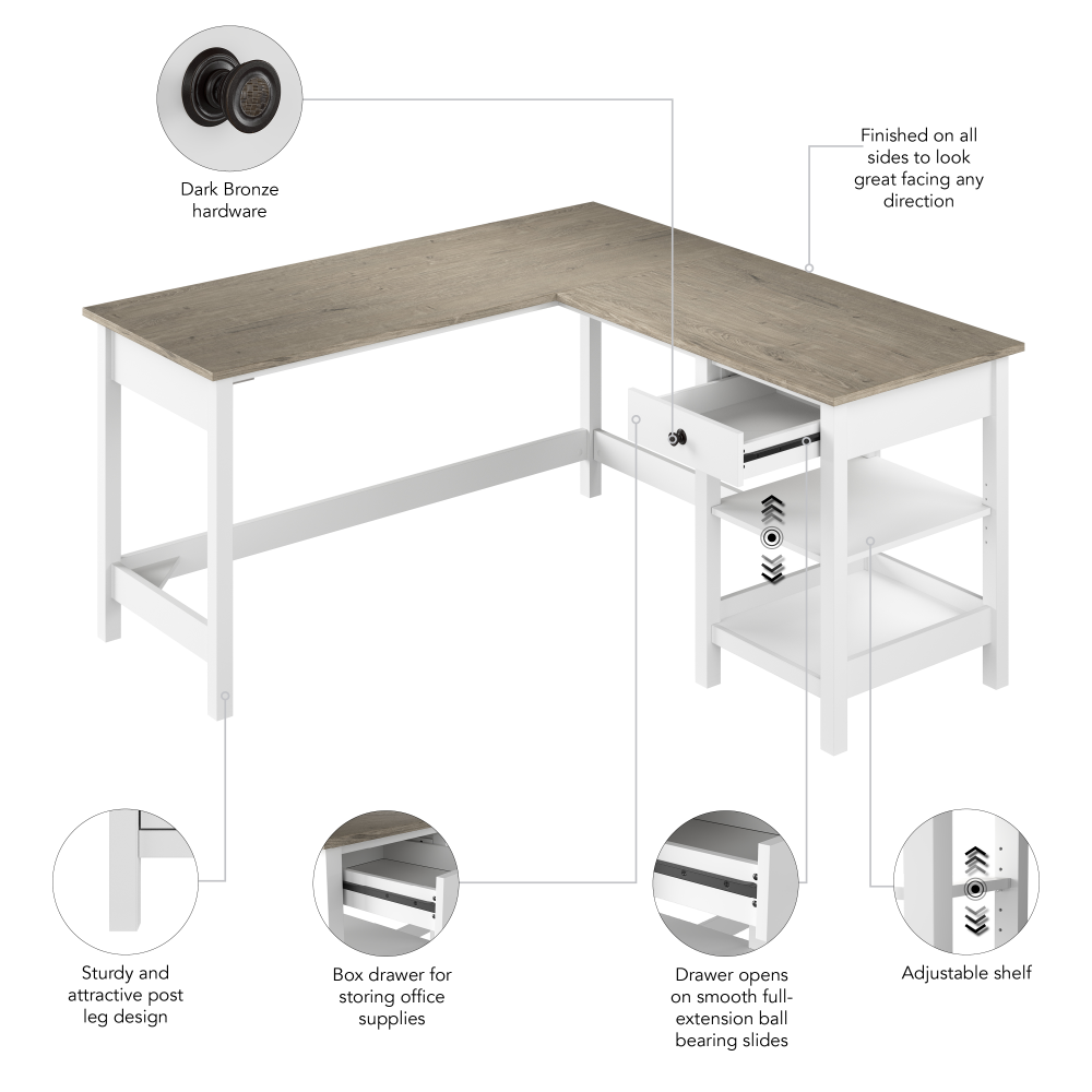 Shop Bush Furniture Mayfield 60W L Shaped Computer Desk with Storage, Image 07, MAD260GW2-03, #color_shiplap gray/pure white