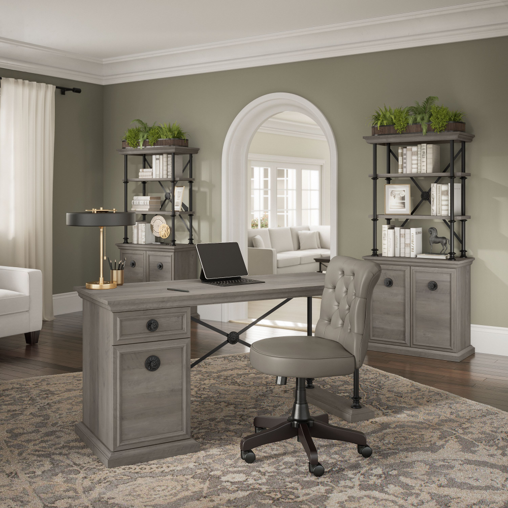 Shop Bush Furniture Coliseum 60W Designer Desk with Set of Two Bookcases with Doors, Image 02, CSM004DG, #color_driftwood gray