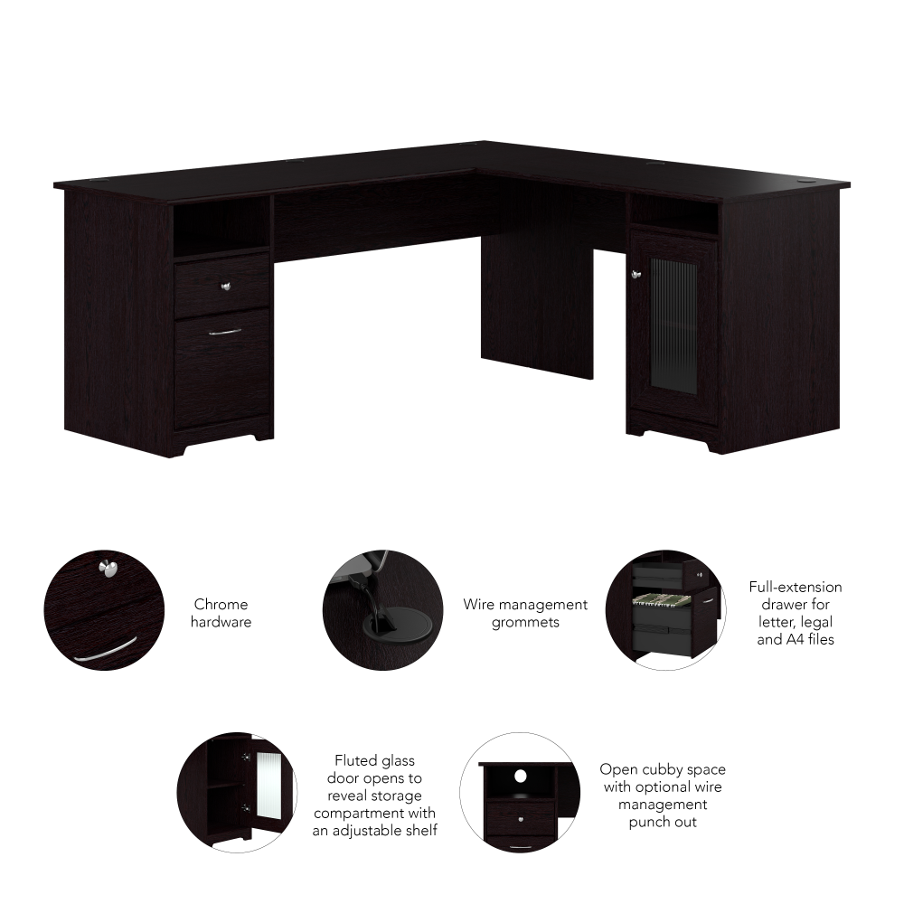 Shop Bush Furniture Cabot 72W L Shaped Computer Desk with Storage, Image 03, CAB072EPO, #color_espresso oak