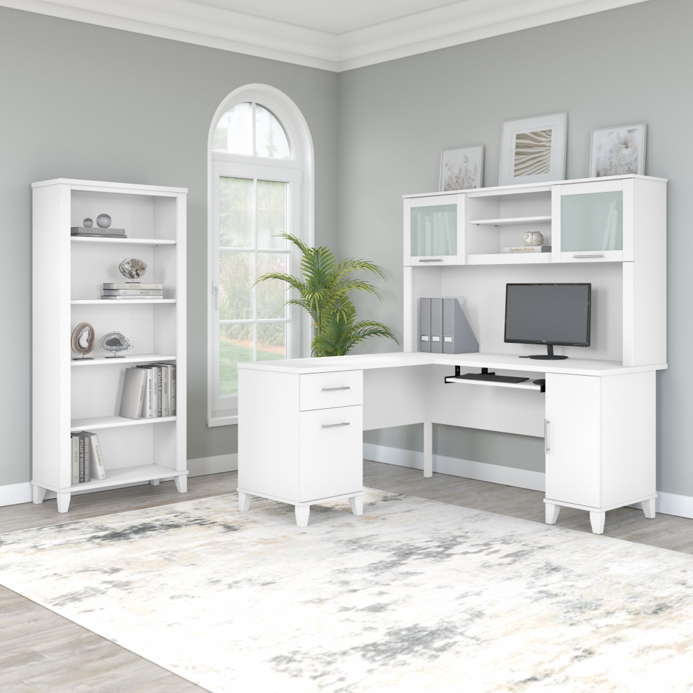 Shop Bush Furniture Somerset 60W L Shaped Desk with Hutch and 5 Shelf Bookcase, Image 01, SET010WH, #color_white