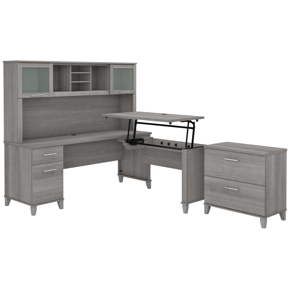 Shop Bush Furniture Somerset 72W 3 Position Sit to Stand L Shaped Desk with Hutch and File Cabinet, Image 02, SET016PG, #color_platinum gray