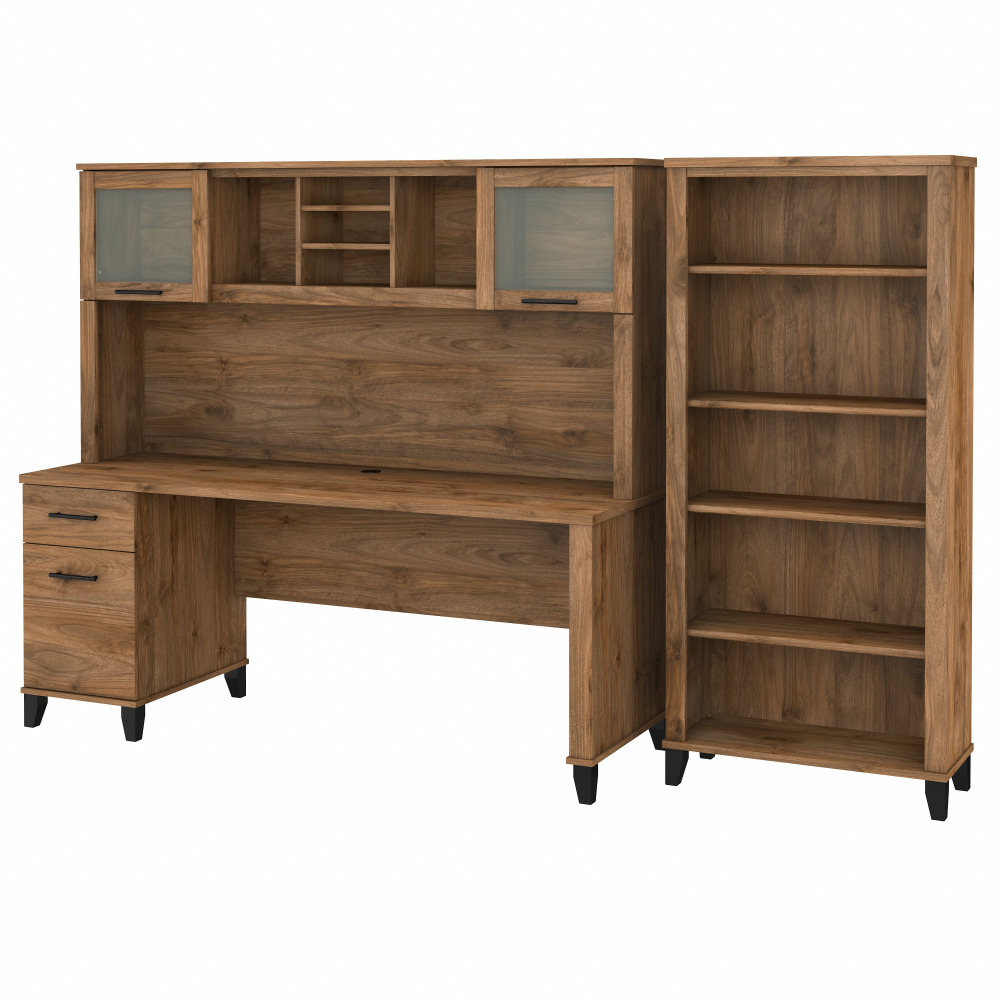Shop Bush Furniture Somerset 72W Office Desk with Hutch and 5 Shelf Bookcase, Image 02, SET020FW, #color_fresh walnut