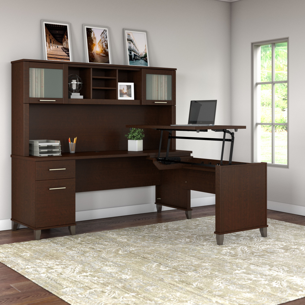 Shop Bush Furniture Somerset 72W 3 Position Sit to Stand L Shaped Desk with Hutch, Image 01, SET015MR, #color_mocha cherry