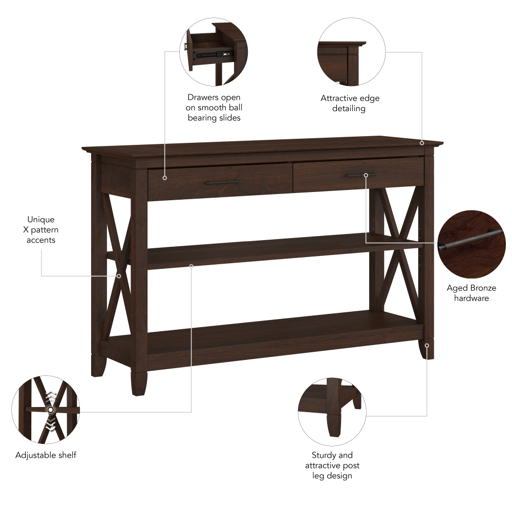 Shop Bush Furniture Key West Console Table with Drawers and Shelves, Image 06, KWT248BC-03, #color_bing cherry