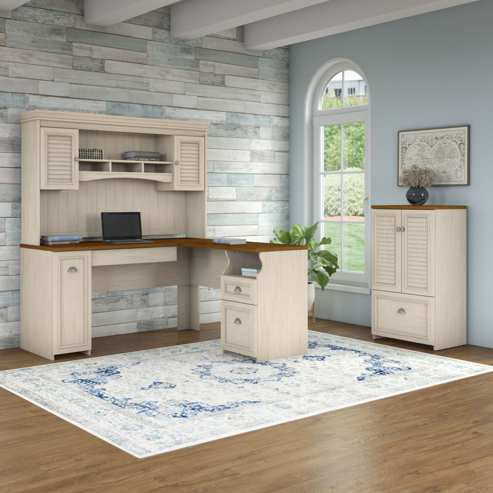 Shop Bush Furniture Fairview 60W L Shaped Desk with Hutch and Storage Cabinet with File Drawer, Image 01, FV010AW, #color_antique white/tea maple