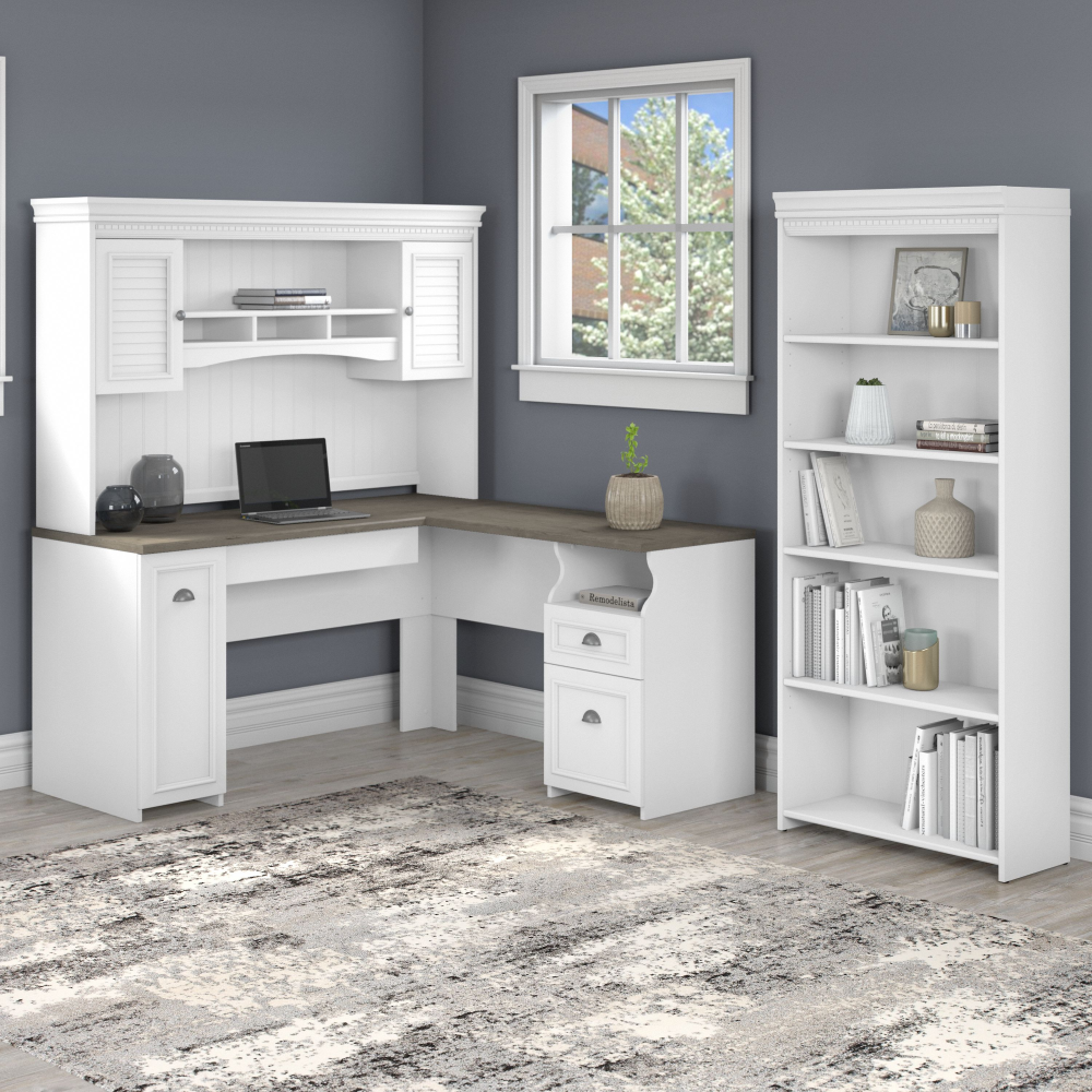 Shop Bush Furniture Fairview 60W L Shaped Desk with Hutch and 5 Shelf Bookcase, Image 01, FV005G2W, #color_shiplap gray/pure white