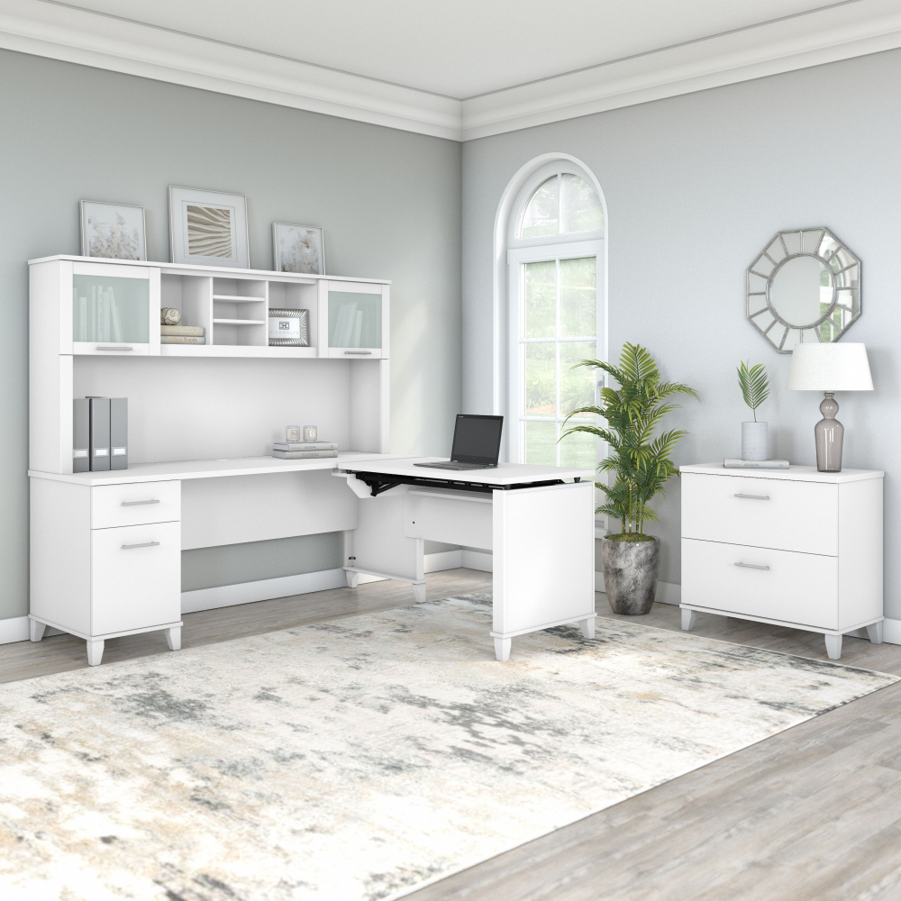 Shop Bush Furniture Somerset 72W 3 Position Sit to Stand L Shaped Desk with Hutch and File Cabinet, Image 03, SET016WH, #color_white