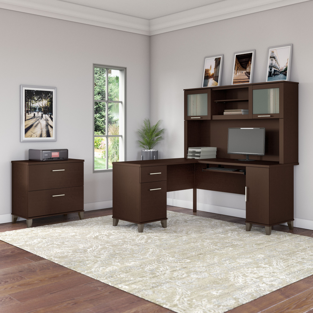 Shop Bush Furniture Somerset 60W L Shaped Desk with Hutch and Lateral File Cabinet, Image 01, SET008MR, #color_mocha cherry
