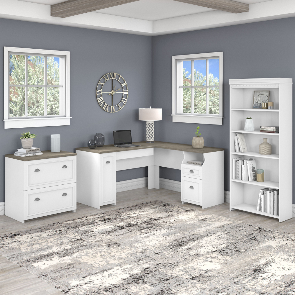 Shop Bush Furniture Fairview 60W L Shaped Desk with Lateral File Cabinet and 5 Shelf Bookcase, Image 01, FV008G2W, #color_shiplap gray/pure white