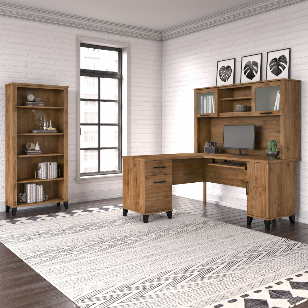 Shop Bush Furniture Somerset 60W L Shaped Desk with Hutch and 5 Shelf Bookcase, Image 01, SET010FW, #color_fresh walnut