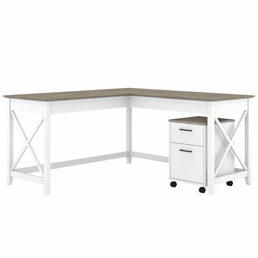 Shop Bush Furniture Key West 60W L Shaped Desk with 2 Drawer Mobile File Cabinet, Image 02, KWS013G2W, #color_shiplap gray/pure white
