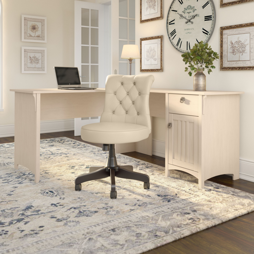 Shop Bush Furniture Salinas 60W L Shaped Desk with Mid Back Tufted Office Chair, Image 01, SAL010AW, #color_antique white