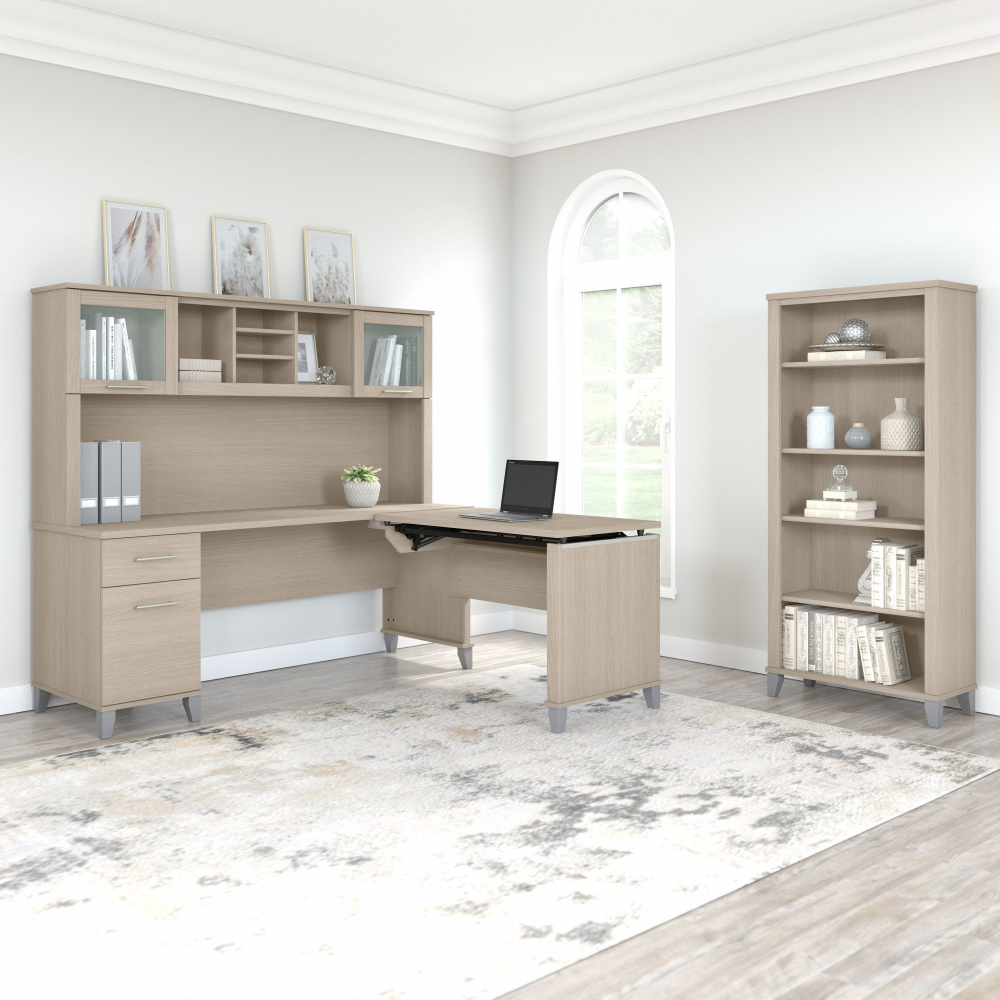 Shop Bush Furniture Somerset 72W 3 Position Sit to Stand L Shaped Desk with Hutch and Bookcase, Image 04, SET017SO, #color_sand oak
