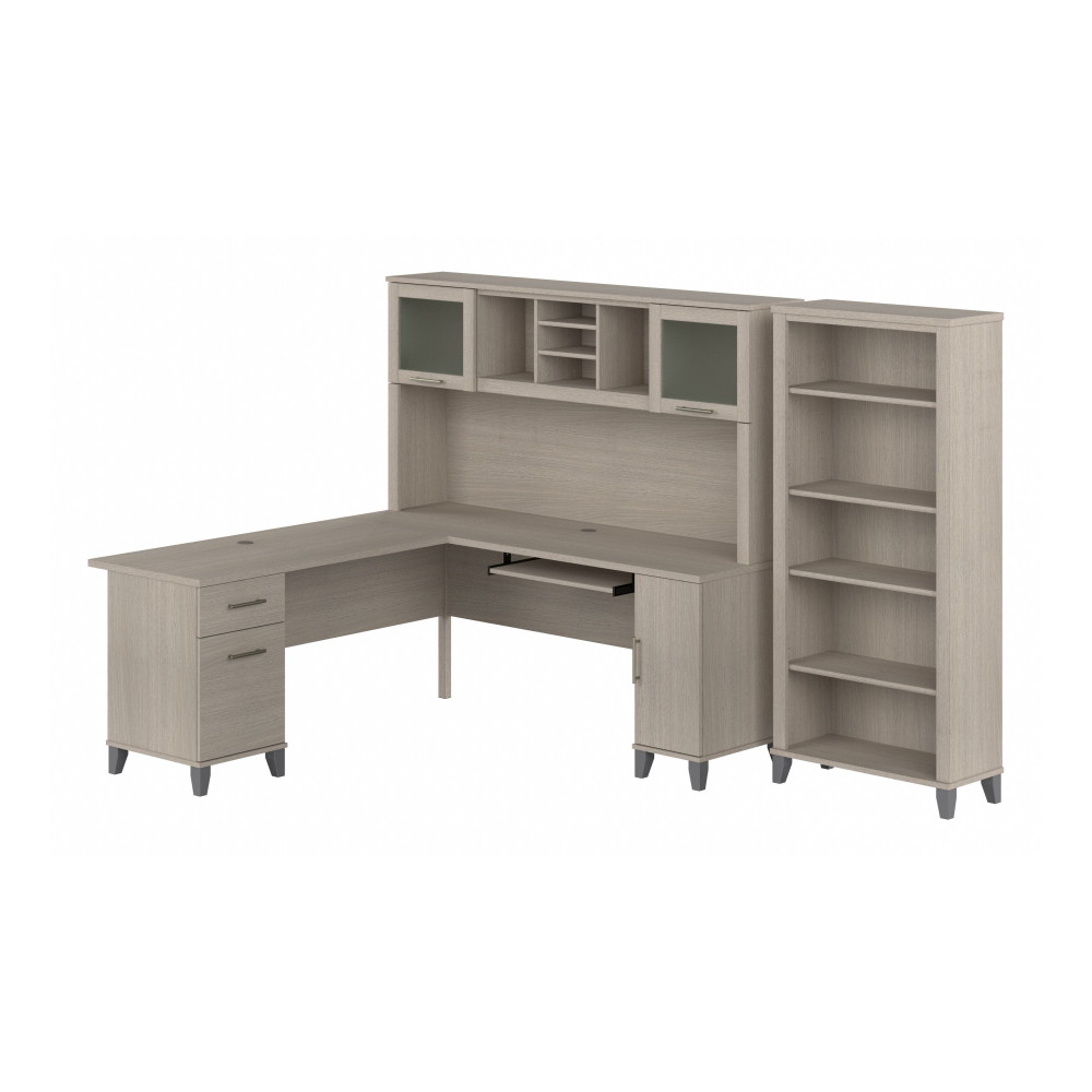 Shop Bush Furniture Somerset 72W L Shaped Desk with Hutch and 5 Shelf Bookcase, Image 02, SET011SO, #color_sand oak