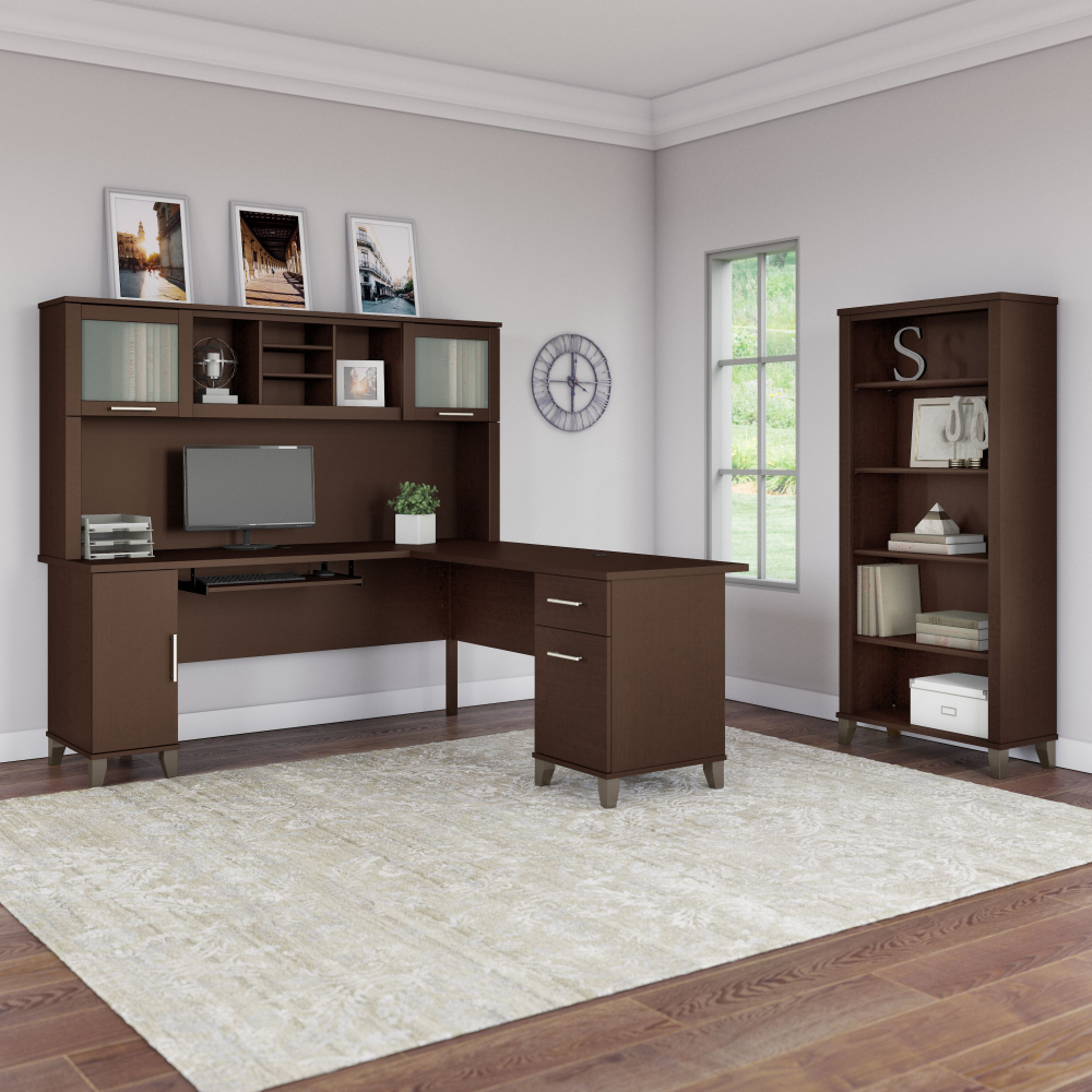 Shop Bush Furniture Somerset 72W L Shaped Desk with Hutch and 5 Shelf Bookcase, Image 01, SET011MR, #color_mocha cherry