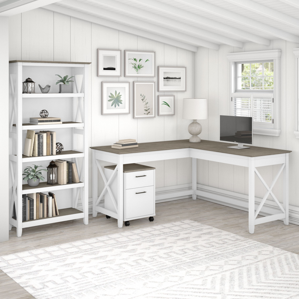 Shop Bush Furniture Key West 60W L Shaped Desk with 2 Drawer Mobile File Cabinet and 5 Shelf Bookcase, Image 01, KWS016G2W, #color_shiplap gray/pure white