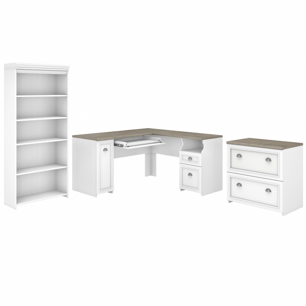 Shop Bush Furniture Fairview 60W L Shaped Desk with Lateral File Cabinet and 5 Shelf Bookcase, Image 02, FV008G2W, #color_shiplap gray/pure white