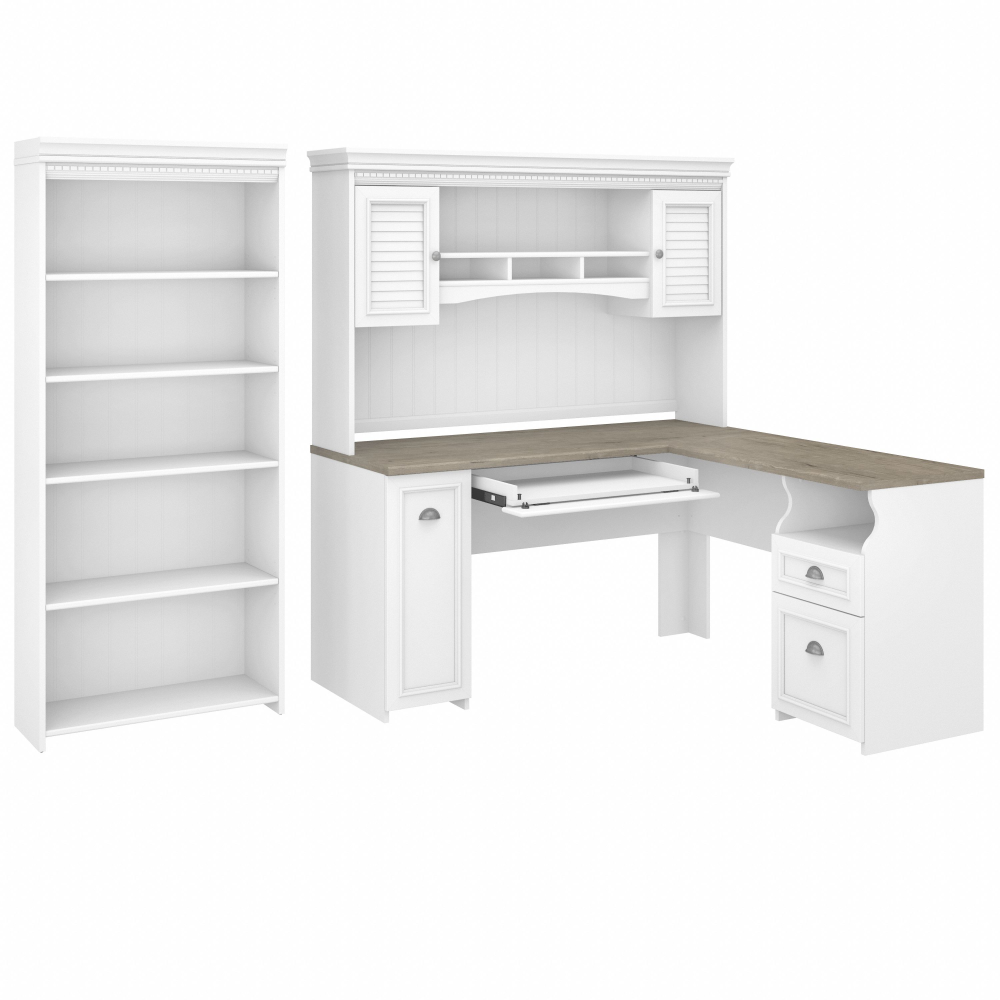 Shop Bush Furniture Fairview 60W L Shaped Desk with Hutch and 5 Shelf Bookcase, Image 02, FV005G2W, #color_shiplap gray/pure white