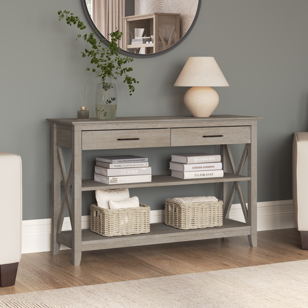 Shop Bush Furniture Key West Console Table with Drawers and Shelves, Image 01, KWT248WG-03, #color_washed gray