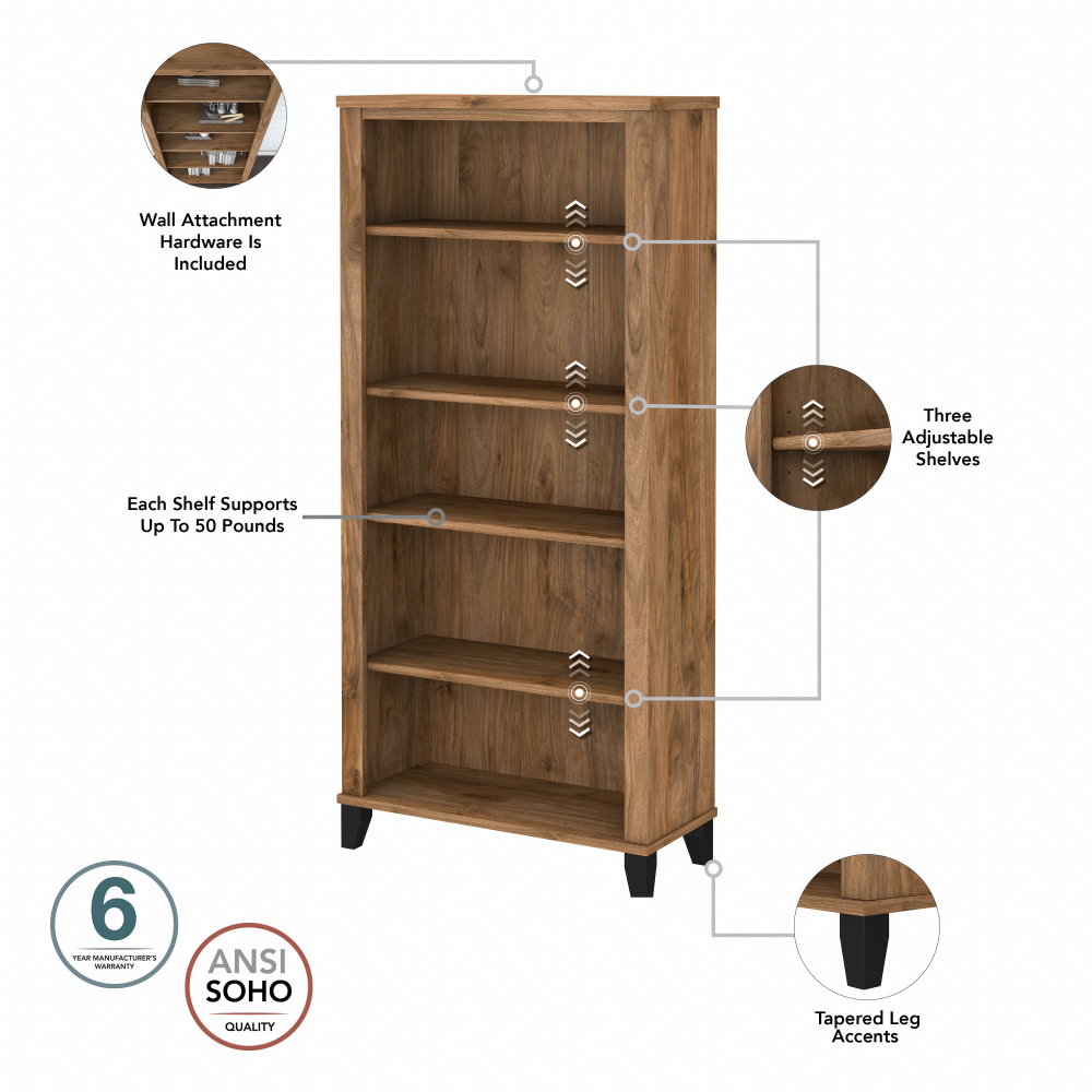 Shop Bush Furniture Somerset 60W Office Desk with Lateral File Cabinet and 5 Shelf Bookcase, Image 08, SET013FW, #color_fresh walnut