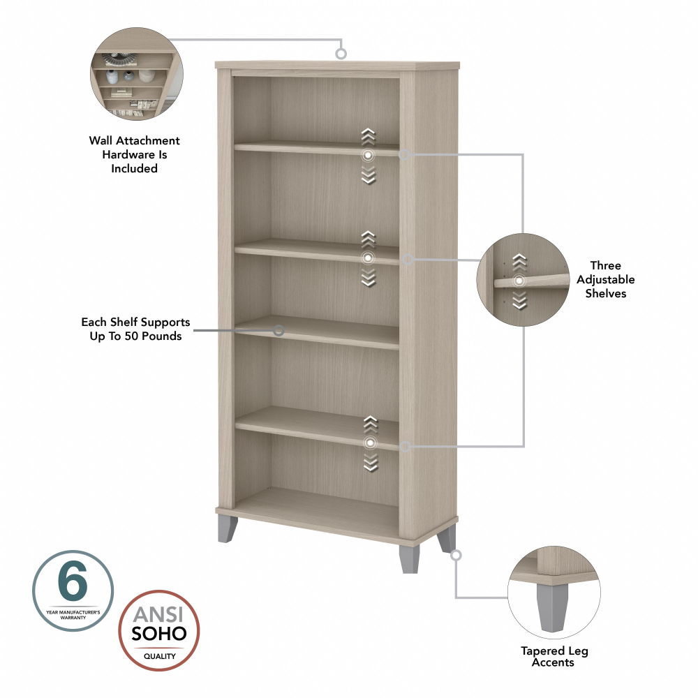 Shop Bush Furniture Somerset Tall 5 Shelf Bookcase, Image 07, WC81165, #color_sand oak