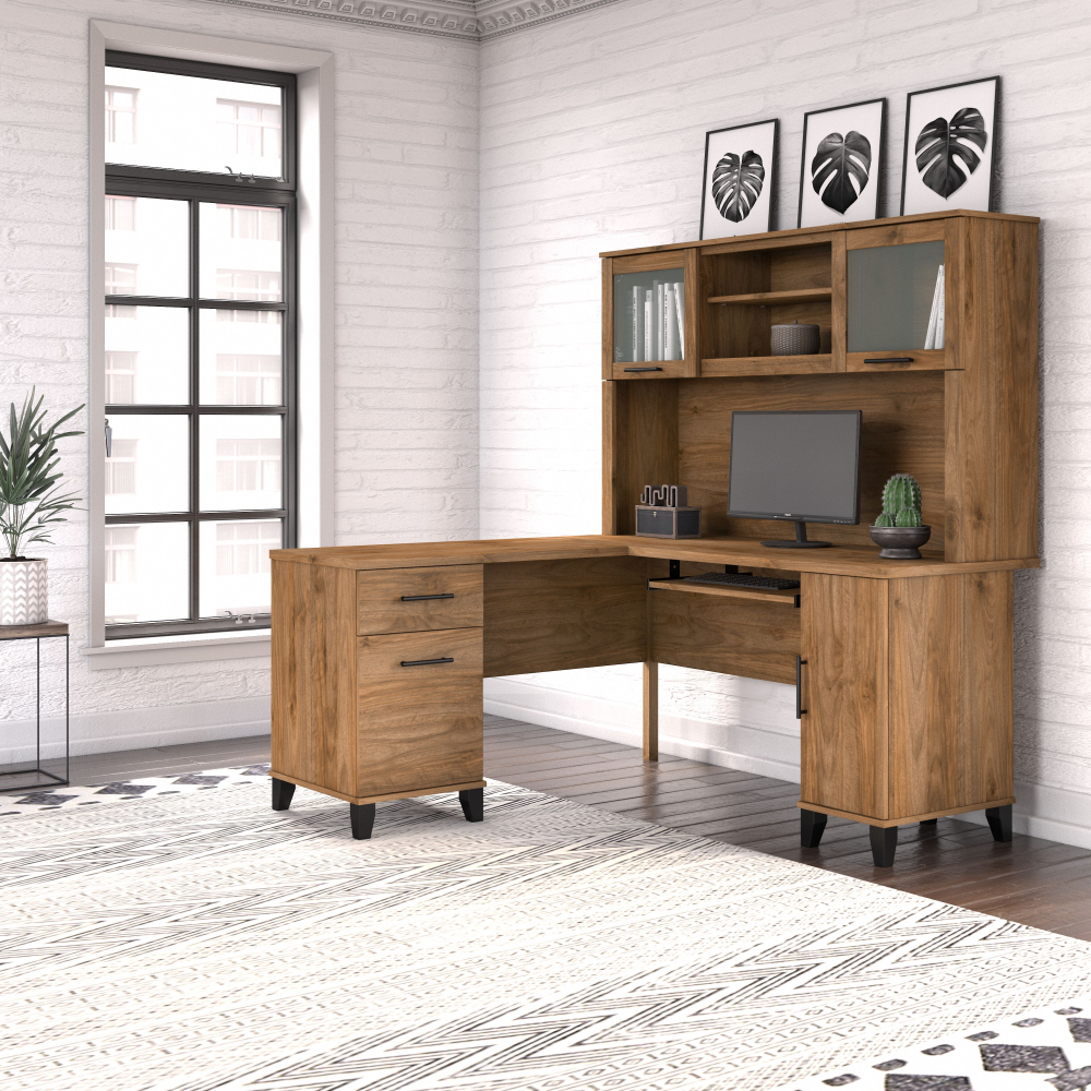 Shop Bush Furniture Somerset 60W L Shaped Desk with Hutch, Image 01, SET002FW, #color_fresh walnut