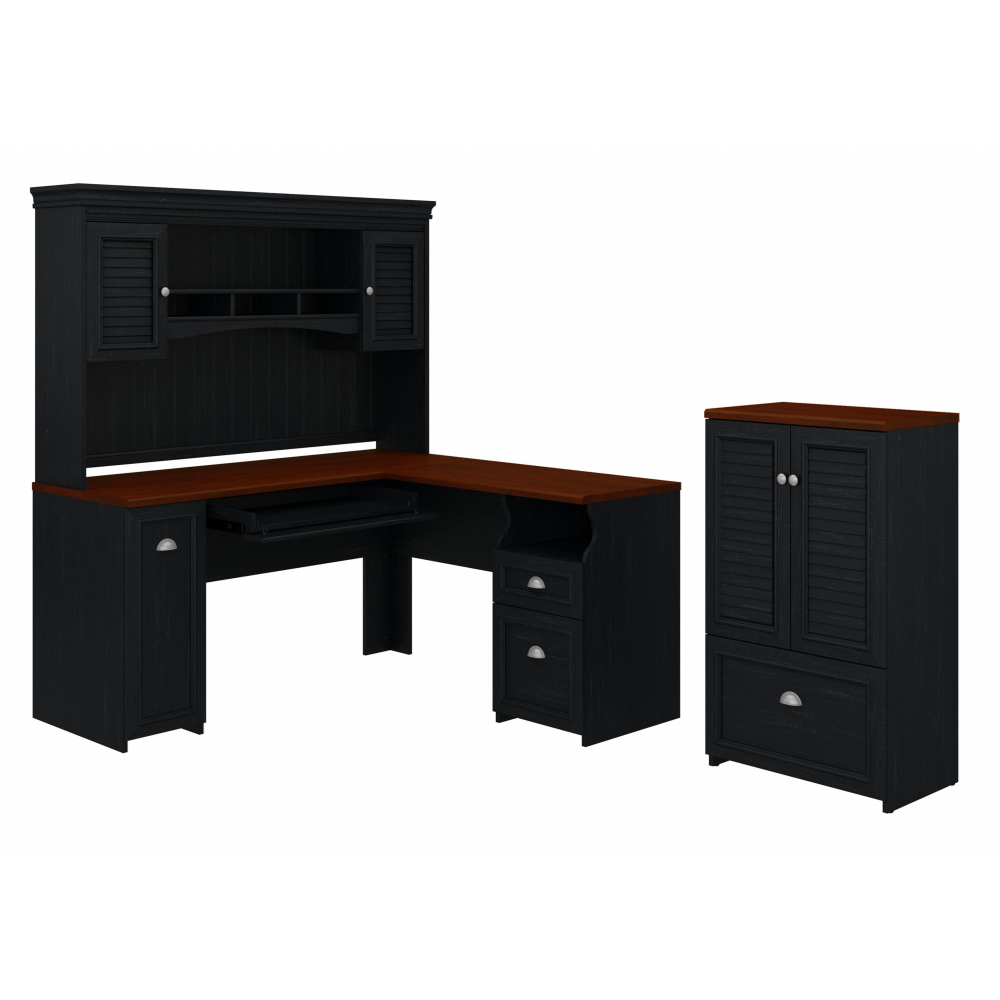 Shop Bush Furniture Fairview 60W L Shaped Desk with Hutch and Storage Cabinet with File Drawer, Image 02, FV010AB, #color_antique black/hansen cherry
