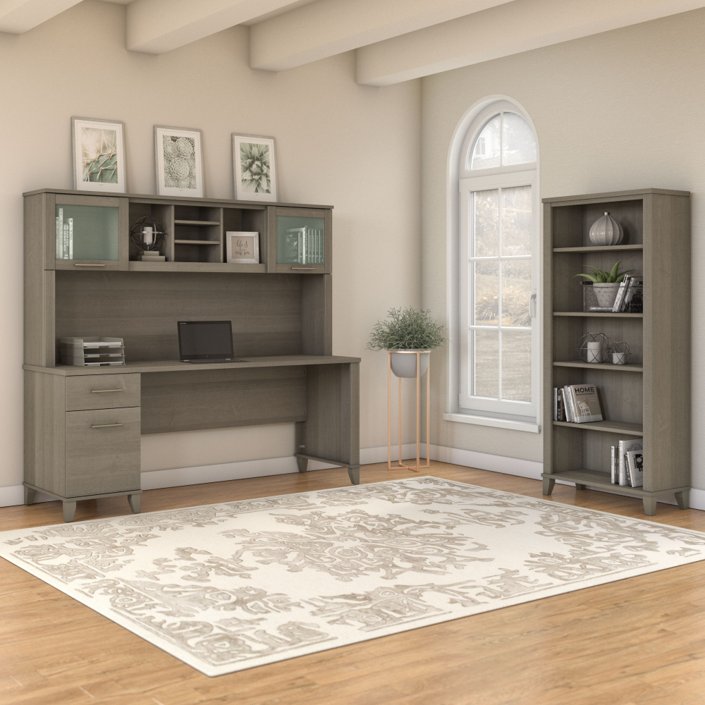 Shop Bush Furniture Somerset 72W Office Desk with Hutch and 5 Shelf Bookcase, Image 01, SET020AG, #color_ash gray