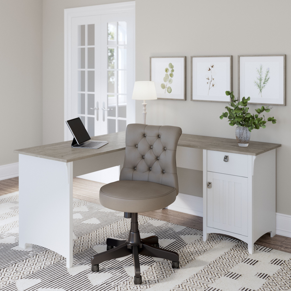 Shop Bush Furniture Salinas 60W L Shaped Desk with Mid Back Tufted Office Chair, Image 01, SAL010G2W, #color_shiplap gray/pure white