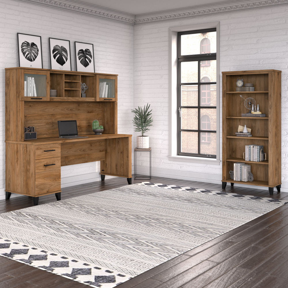 Shop Bush Furniture Somerset 72W Office Desk with Hutch and 5 Shelf Bookcase, Image 01, SET020FW, #color_fresh walnut