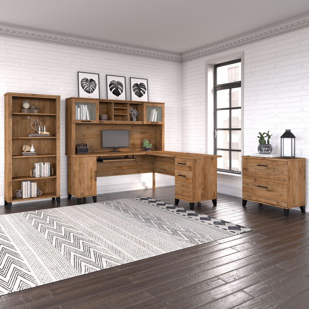 Shop Bush Furniture Somerset 72W L Shaped Desk with Hutch, Lateral File Cabinet and Bookcase, Image 01, SET012FW, #color_fresh walnut