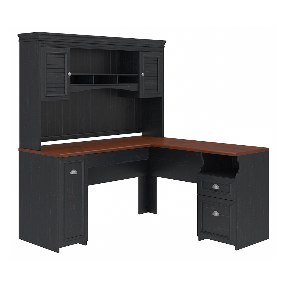 Shop Bush Furniture Fairview 60W L Shaped Desk with Hutch, Image 02, FV004AB, #color_antique black/hansen cherry