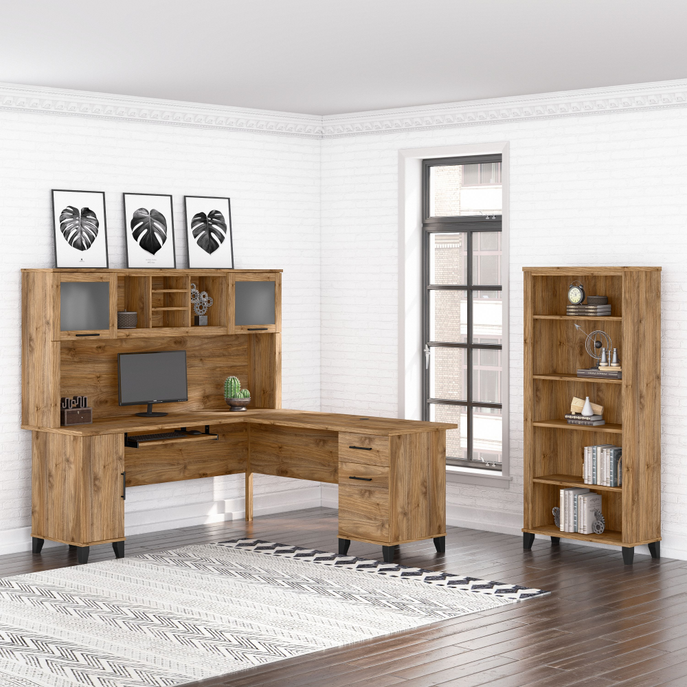 Shop Bush Furniture Somerset 72W L Shaped Desk with Hutch and 5 Shelf Bookcase, Image 01, SET011FW, #color_fresh walnut