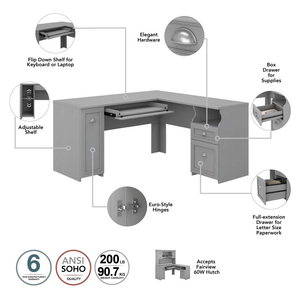 Shop Bush Furniture Fairview 60W L Shaped Desk with Hutch, Image 07, FV004CG, #color_cape cod gray
