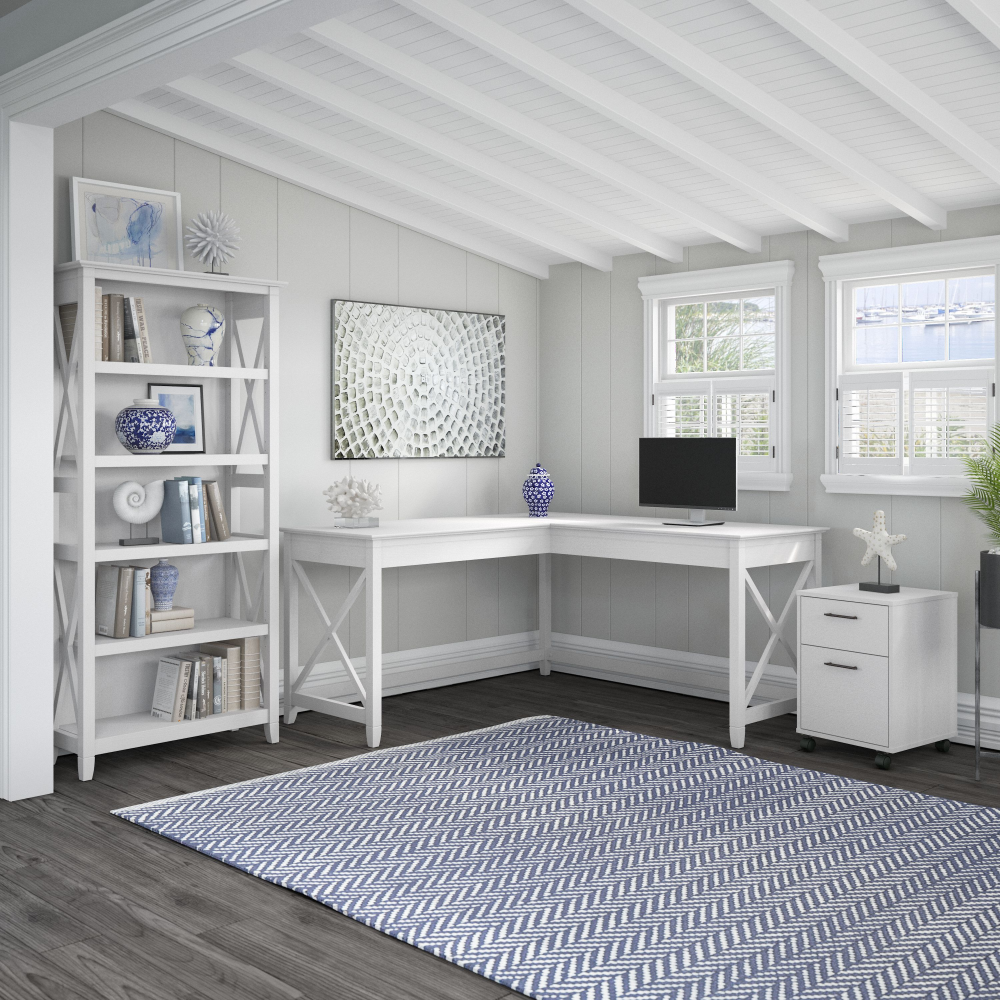 Shop Bush Furniture Key West 60W L Shaped Desk with 2 Drawer Mobile File Cabinet and 5 Shelf Bookcase, Image 01, KWS016WT, #color_pure white oak