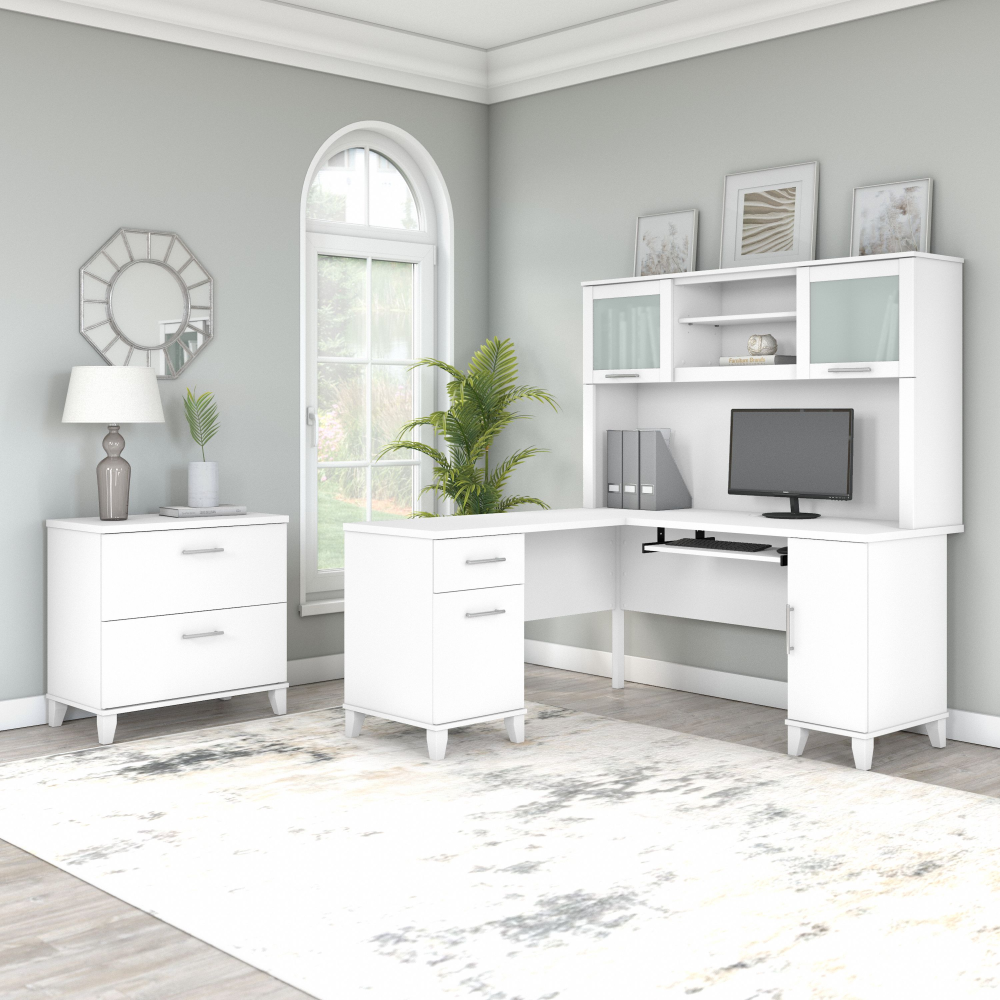 Shop Bush Furniture Somerset 60W L Shaped Desk with Hutch and Lateral File Cabinet, Image 01, SET008WH, #color_white