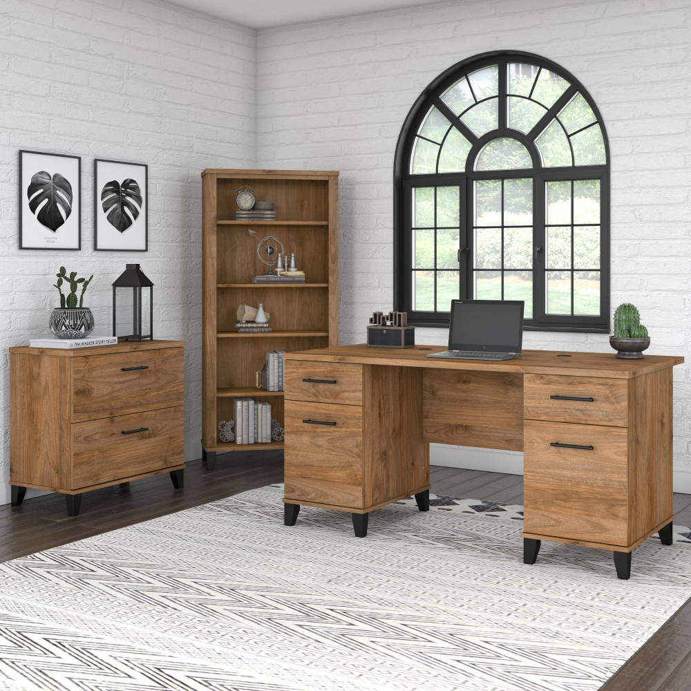 Shop Bush Furniture Somerset 60W Office Desk with Lateral File Cabinet and 5 Shelf Bookcase, Image 01, SET013FW, #color_fresh walnut