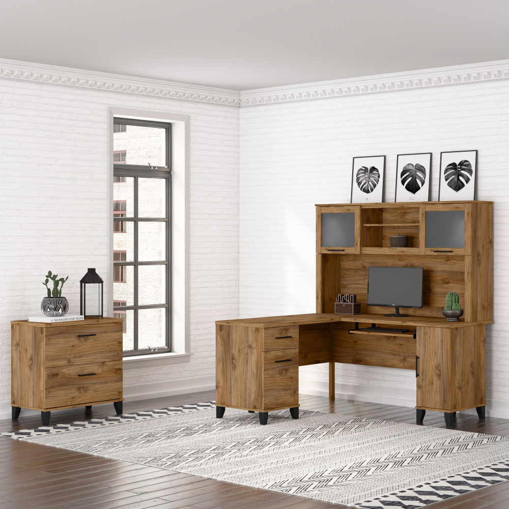 Shop Bush Furniture Somerset 60W L Shaped Desk with Hutch and Lateral File Cabinet, Image 01, SET008FW, #color_fresh walnut