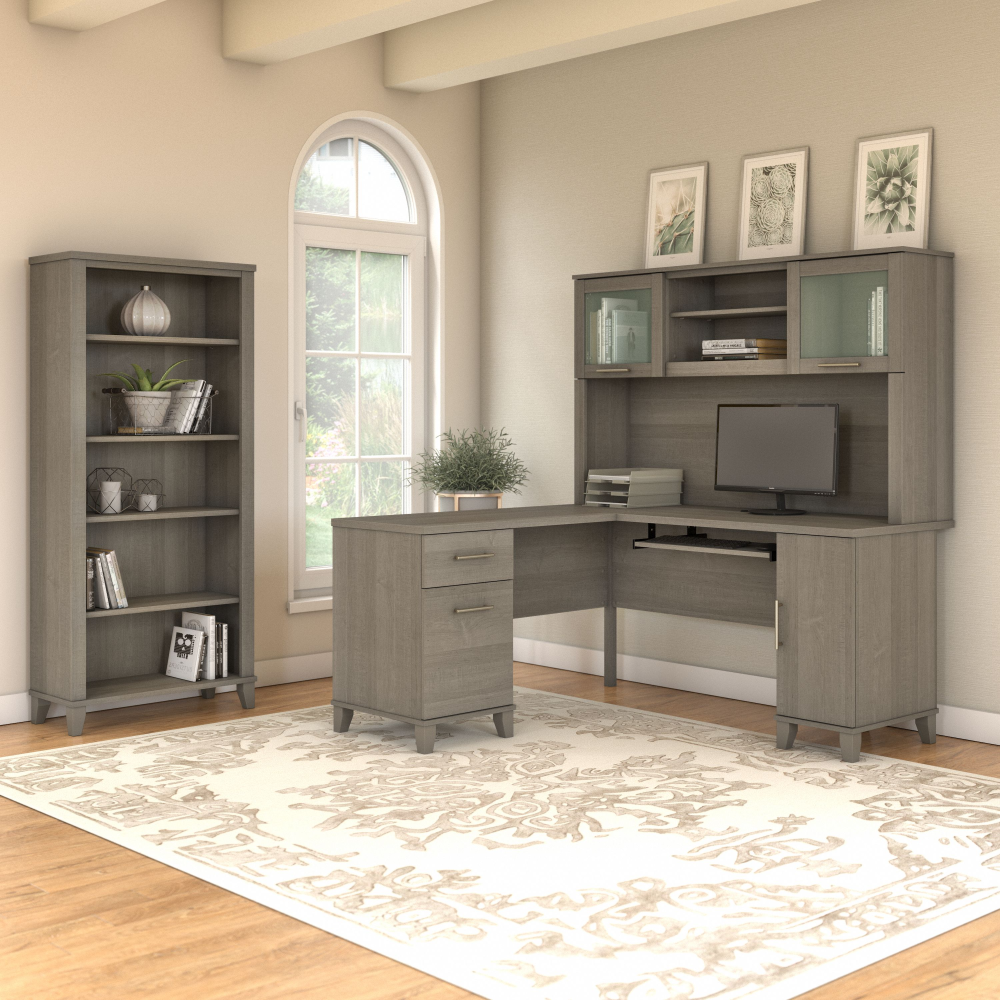 Shop Bush Furniture Somerset 60W L Shaped Desk with Hutch and 5 Shelf Bookcase, Image 01, SET010AG, #color_ash gray