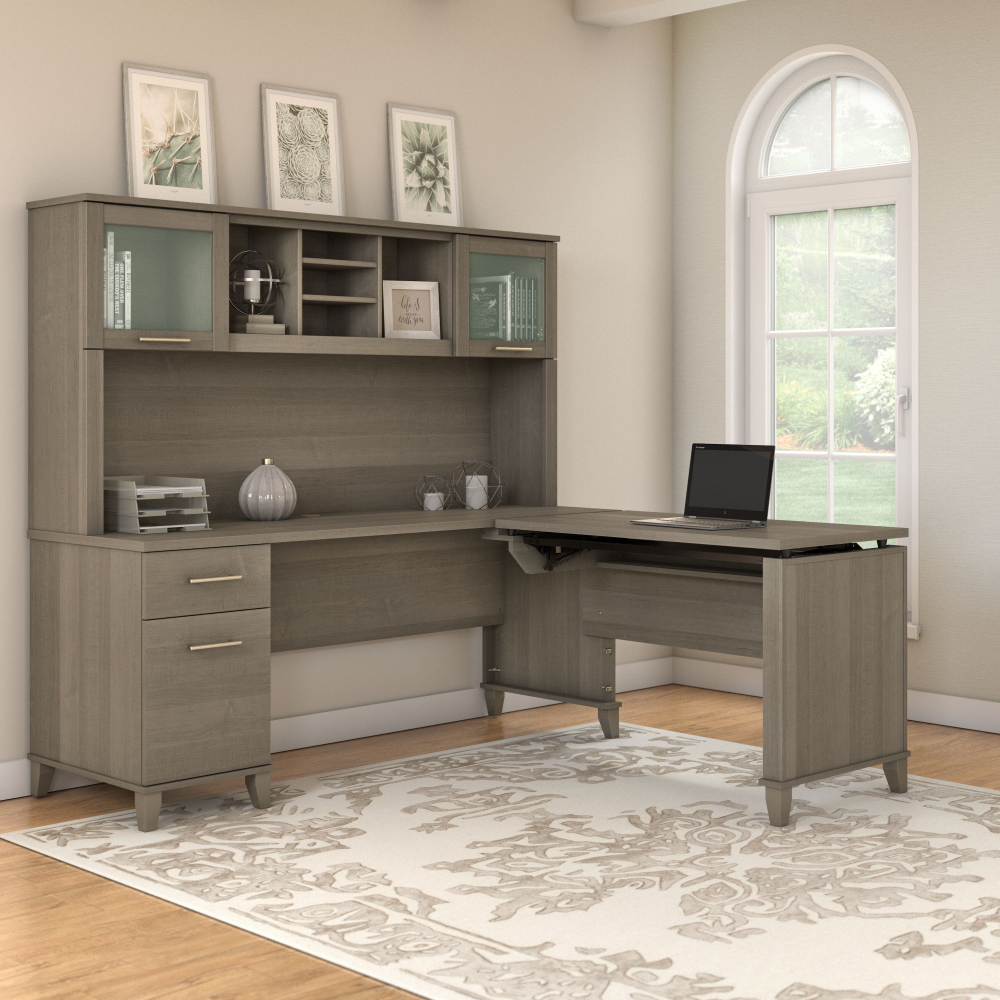 Shop Bush Furniture Somerset 72W 3 Position Sit to Stand L Shaped Desk with Hutch, Image 03, SET015AG, #color_ash gray