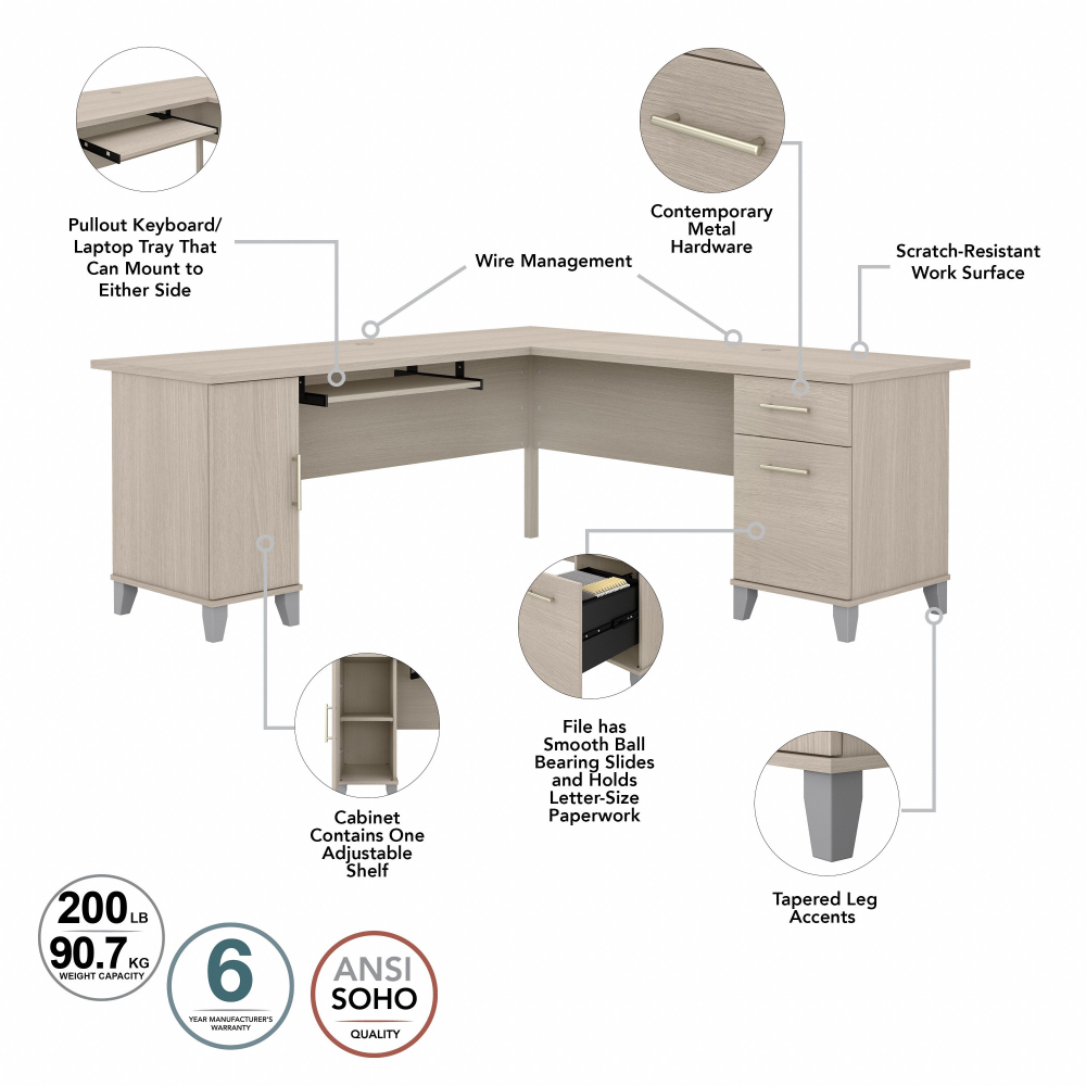 Shop Bush Furniture Somerset 72W L Shaped Desk with Hutch, Lateral File Cabinet and Bookcase, Image 07, SET012SO, #color_sand oak