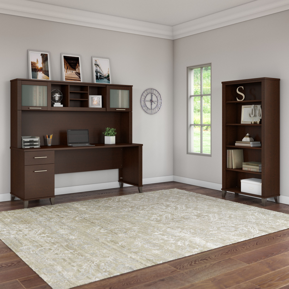 Shop Bush Furniture Somerset 72W Office Desk with Hutch and 5 Shelf Bookcase, Image 01, SET020MR, #color_mocha cherry