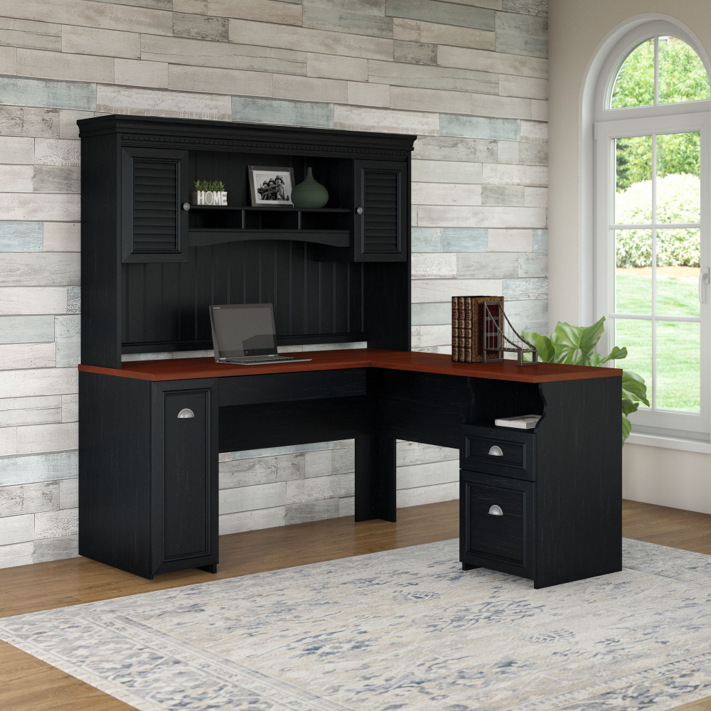 Shop Bush Furniture Fairview 60W L Shaped Desk with Hutch, Image 01, FV004AB, #color_antique black/hansen cherry