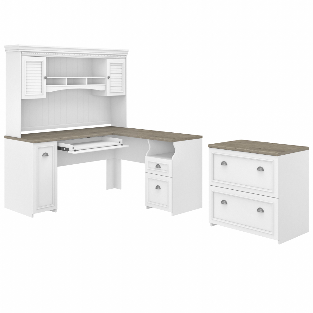 Shop Bush Furniture Fairview 60W L Shaped Desk with Hutch and Lateral File Cabinet, Image 02, FV003G2W, #color_shiplap gray/pure white