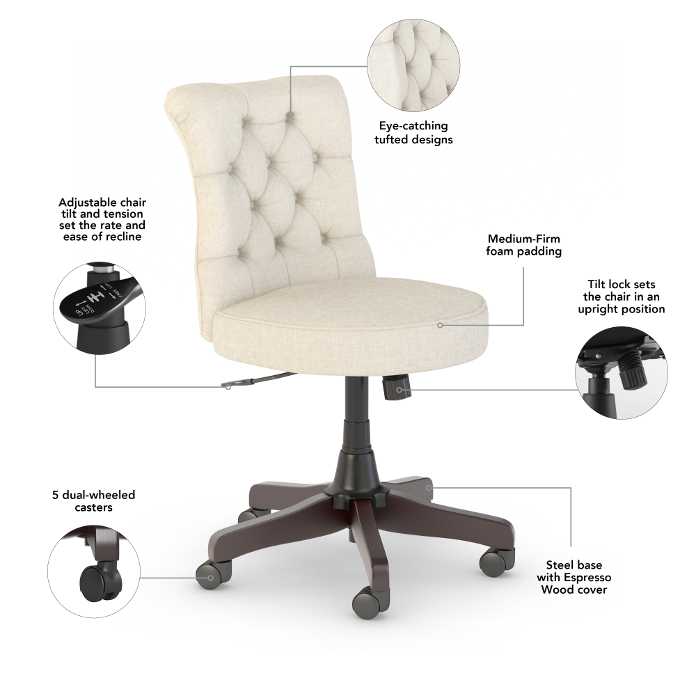 Shop Bush Furniture Key West 54W Computer Desk with Storage and Mid Back Tufted Office Chair, Image 06, KWS020LW, #color_linen white oak