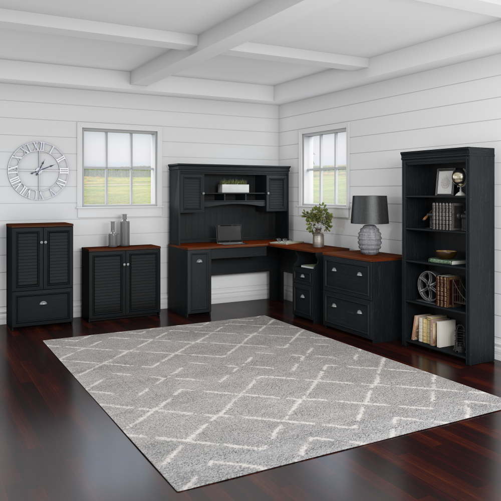 Shop Bush Furniture Fairview 60W L Shaped Desk and 2 Door Storage Cabinet with File Drawer, Image 03, FV009AB, #color_antique black/hansen cherry