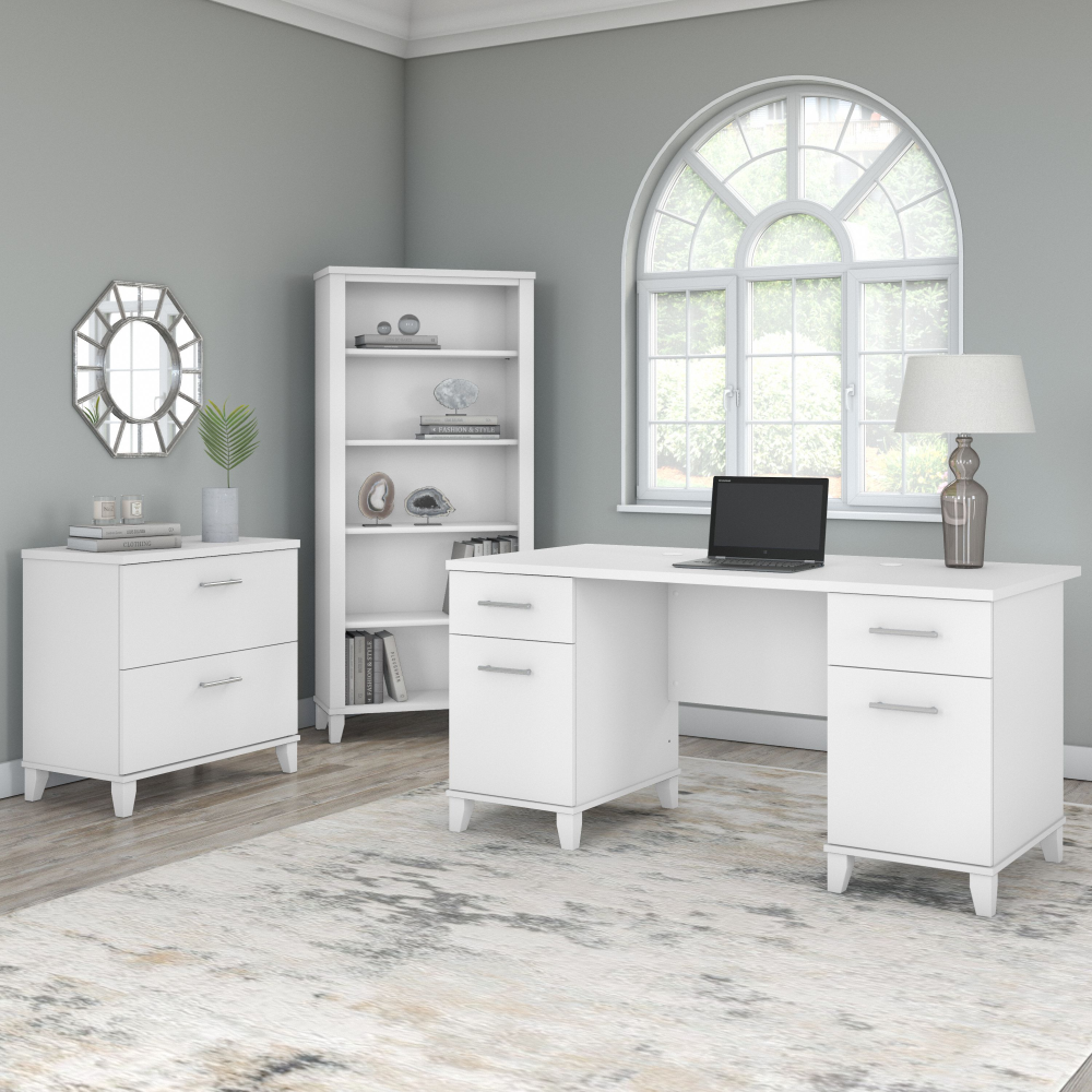Shop Bush Furniture Somerset 60W Office Desk with Lateral File Cabinet and 5 Shelf Bookcase, Image 01, SET013WH, #color_white